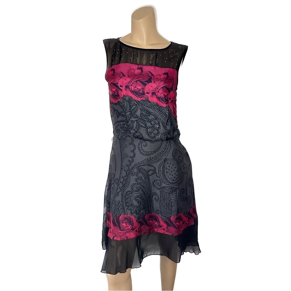Desigual Giordin Red Grey Paisley Whimsical Lace Lined Dress Vampy Size XS